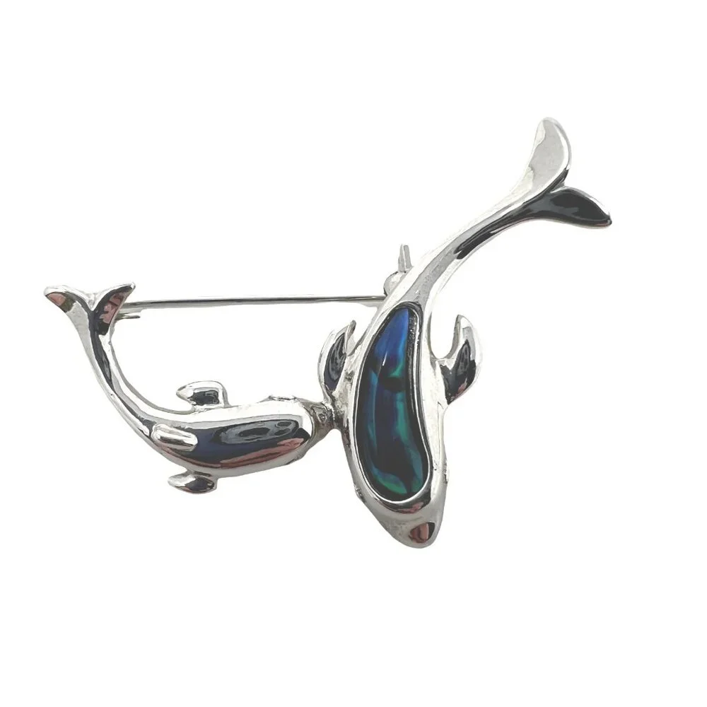 Dolphin Brooch Silver Tone Two Porpoise‎ Ocean Beach Marine Life Pin